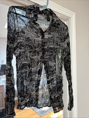 Bisou Bisou Black & White Dot Floral Sheer Button-Up Blouse